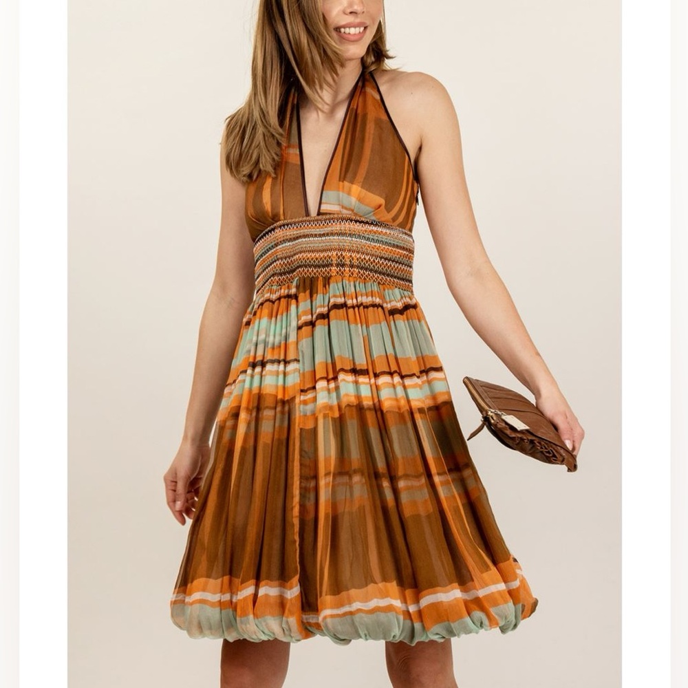 Vintage Catherine Malandrino multicolored bubble hem silk halter dress Sz 6